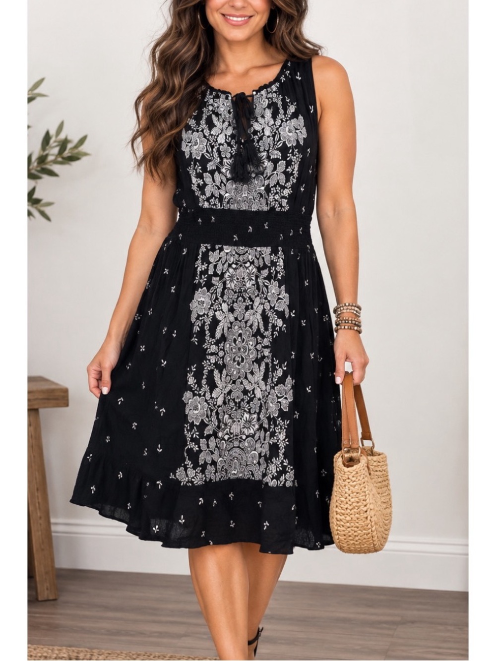 Bila Black floral boho crepe gauze dress size Large